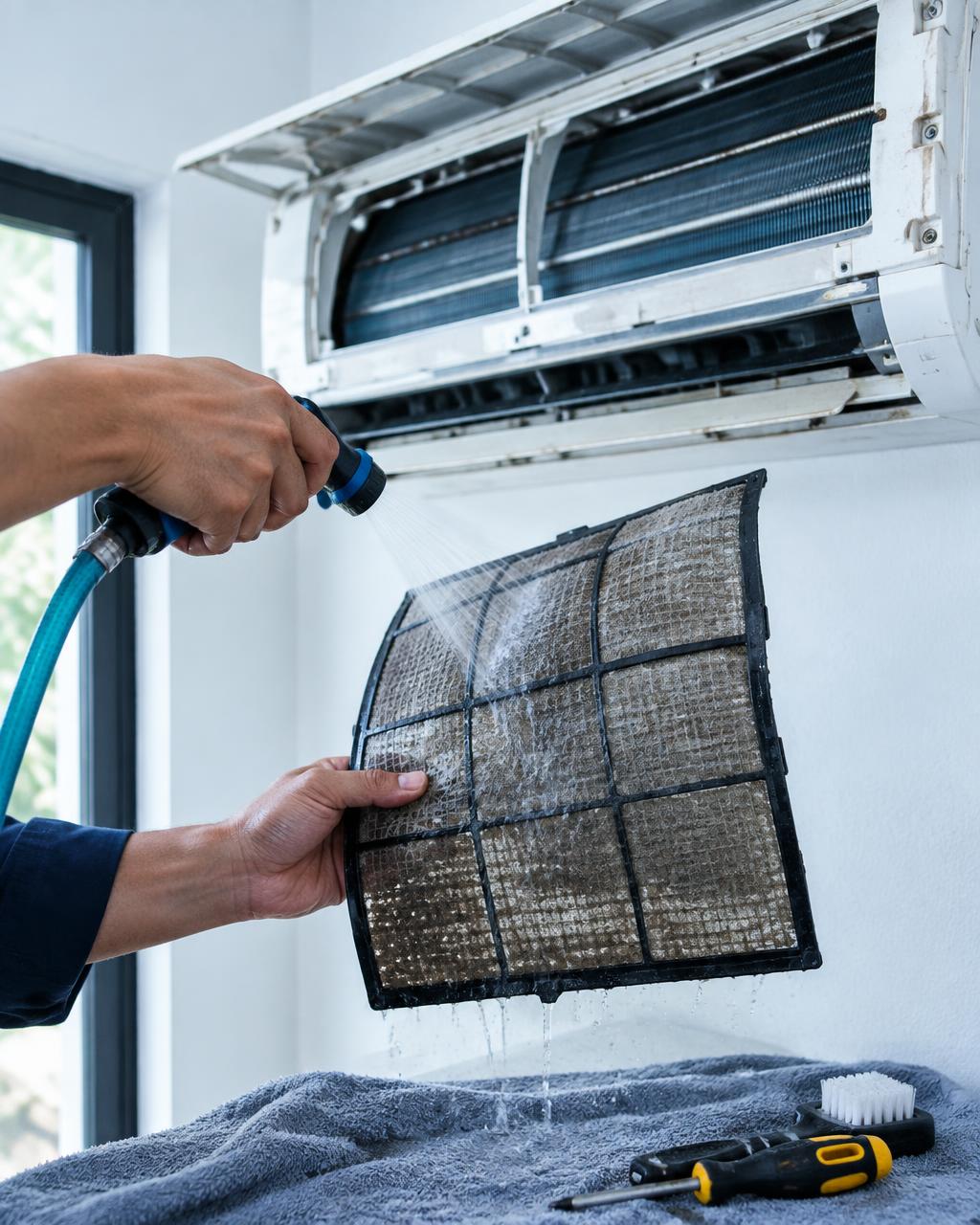 Hands rinsing a dusty AC filter beneath an opened indoor unit